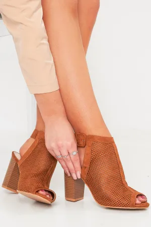 Camel Faux Suede Cage Front Block Heels - Shannon