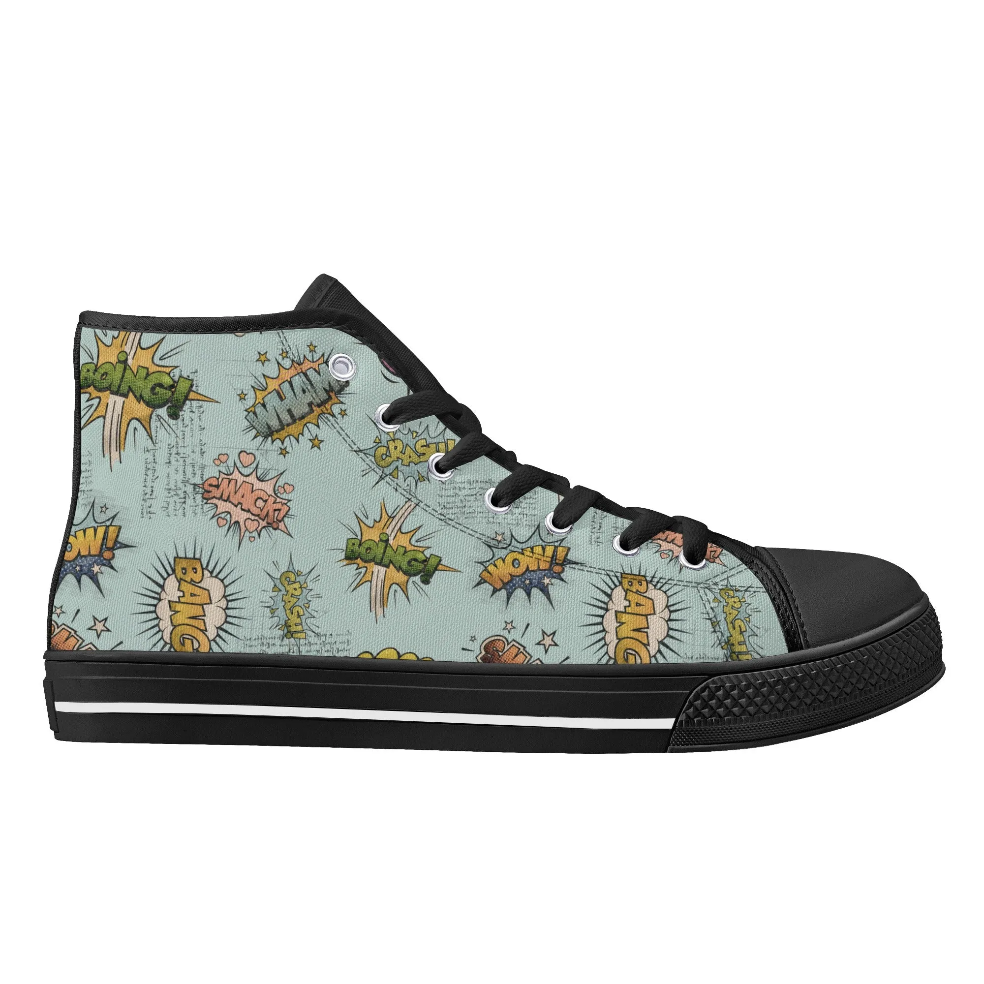 Canvas High Top Sneakers | Vintage Blue | Unique Onomatopoeia Print | Retro Comic style