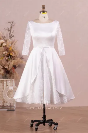 Elegant Satin Bateau Neck 3/4 Sleeves Lace Short Bridal Dress