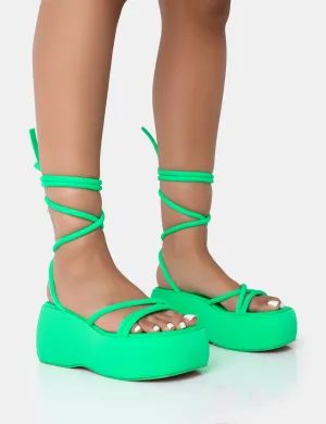 Full Moon Lime Nylon Lace Up Chunky Platform Sandals