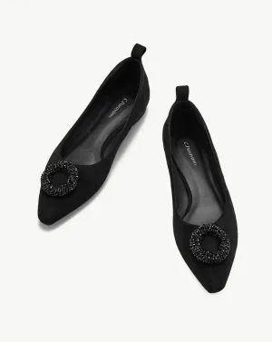 Point Toe Suede Flats Black