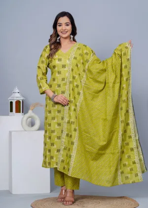 Women Stylish Cotton Kurta With Pant And Dupatta Set